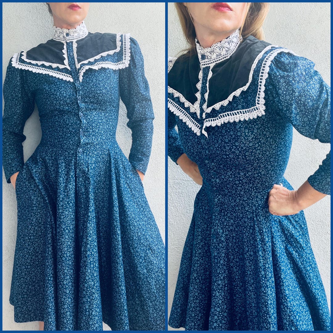 Vintage Gunne Sax Blue Calico Floral Lace-trimmed Prairie Midi Dress Sz ...