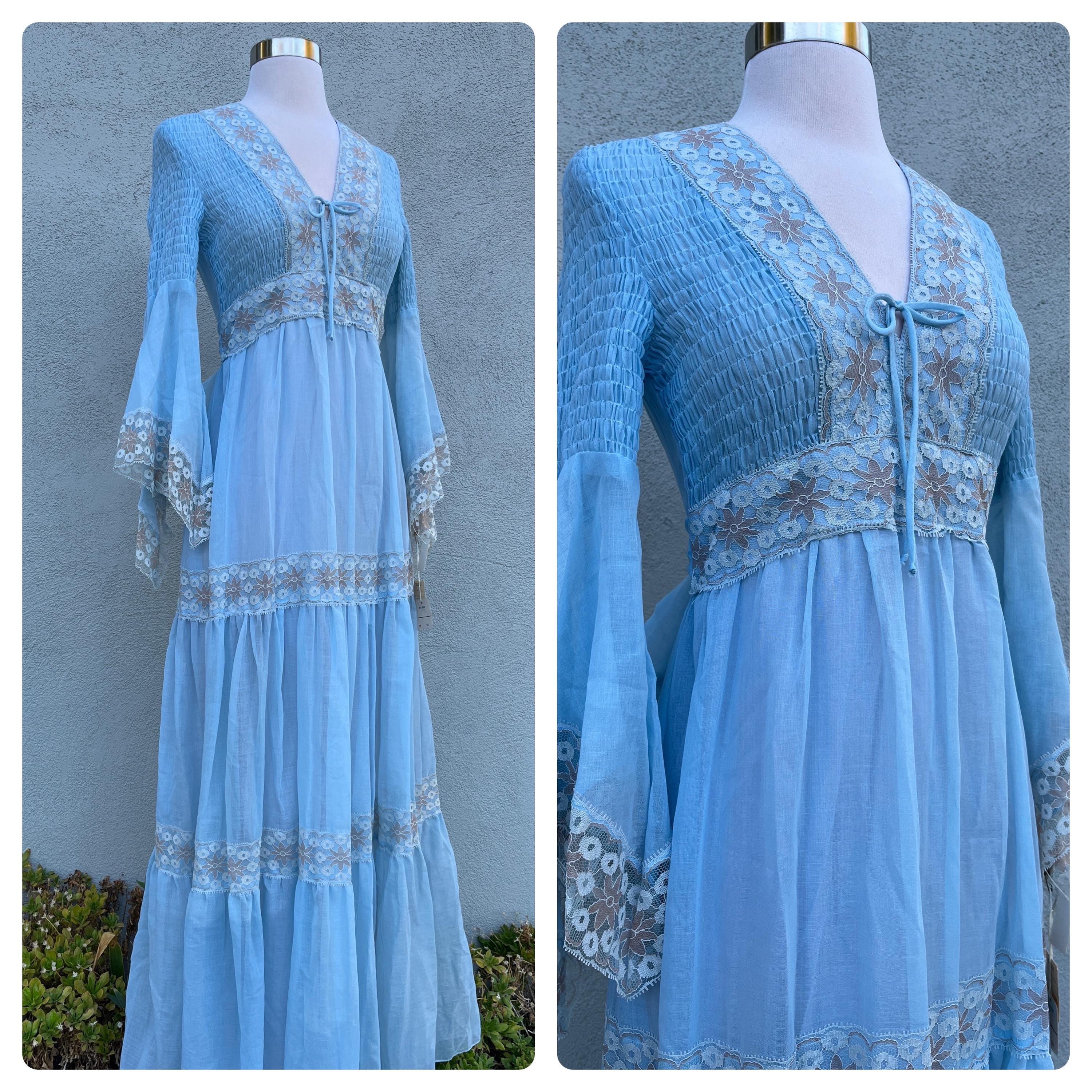 New 1970s Blue Smocked Maxi Gunne Style Prairie Dress W/angel Wing Lace ...