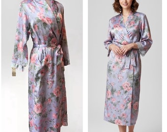 NWT Vintage 80s Nordstrom Miss Elaine Lilac Floral Satin Kimono Robe Union Made M