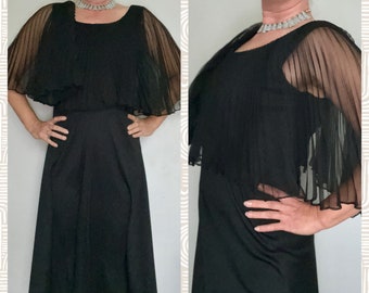Vintage 1970s Miss K Black Midi Dress with Pleated Chiffon Capette Sleeve Sz 9/10