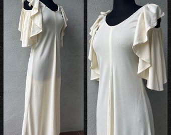 Vintage 1970s Cream Sift Jersey Maxi Dress with Ruffled Sleeves