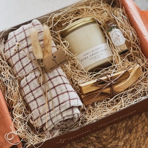 Boho Gift Box - Housewarming - New Home - Care Package - Sustainable Gifting - Kitchen Towel, Palo Santo, Matches, Home Sweet Home candle