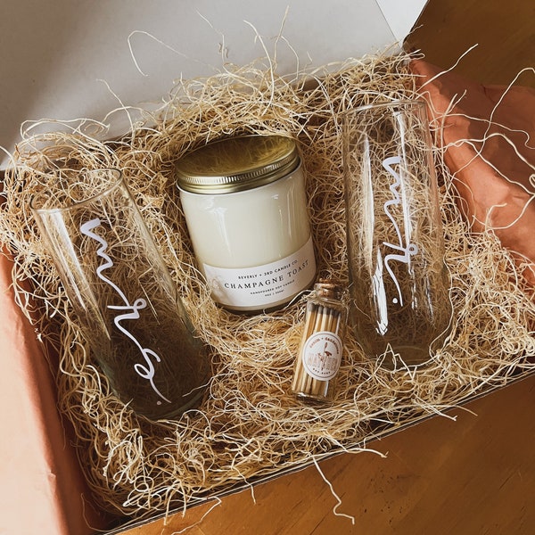 Boho Gift Box - Engagement - Congrats - Couple - Mr & Mrs Champagne Flutes, Champagne Candle, Matches - Sustainable Gifting