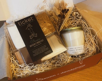 Boho Gift Box - Cozy Nights - Care Package Any Occasion - Holiday Winter - Sustainable Gifting - Smores Kit, Candle