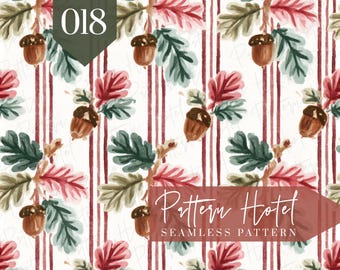 Acorn Seamless Pattern, Watercolor Oak Leaves and Brown Acorns on Burgundy Stripes, Fall Digital Scrapbook Paper, Autumn Fabric Design