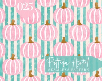 Pink Pumpkin Seamless Pattern, Watercolor Pink Pumpkins on Teal Stripes, Cute Fall Digital Scrapbook Paper, Pastel Halloween Fabric Design
