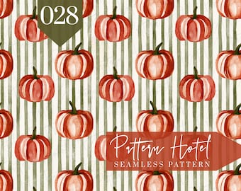 Pumpkin Seamless Pattern, Watercolor Orange Pumpkins on Green Stripes, Fall Digital Scrapbook Paper, Autumn Pumpkin Fabric Design, Harvest