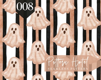 Ghost Seamless Pattern, Watercolor Cream Halloween Ghosts on Dark Stripes, Cute Spooky Digital Scrapbook Paper, Halloween Fabric Design