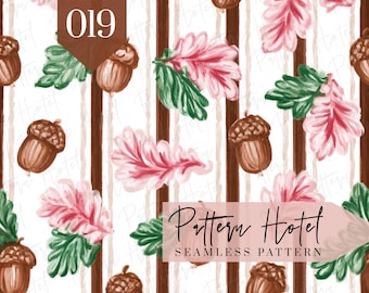 Acorn Seamless Pattern, Watercolor Pink Oak Leaves and Acorns on Stripes, Cottagecore Fall Digital Scrapbook Paper, Autumn Fabric Design