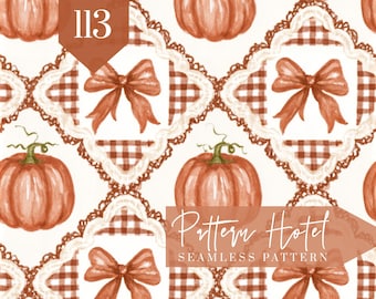 Cute Pumpkin Bow Seamless Pattern, Watercolor Autumn Pumpkins Brown Bows with Gingham Frames, Fall Digital Scrapbook Paper, Fabric Design
