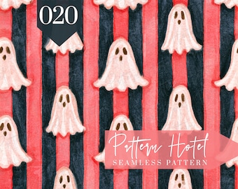 Halloween Ghost Seamless Pattern, Watercolor Pink Ghosts on Red and Black Stripes, Spooky Digital Scrapbook Paper, Halloween Fabric Design