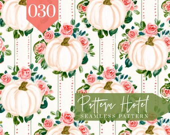 Floral Pumpkin Seamless Pattern, Watercolor White Pumpkins and Pink Roses, Cottagecore Fall Digital Scrapbook Paper, Autumn Fabric Design
