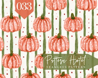 Orange Pumpkin Seamless Pattern, Watercolor Polka Dot Pumpkins on Green Stripes, Cute Fall Digital Scrapbook Paper, Autumn Fabric Design