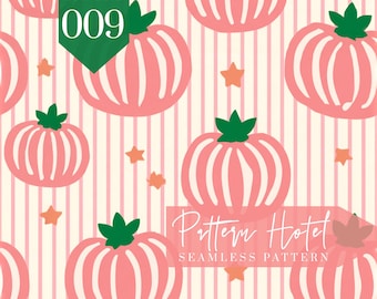 Pink Pumpkin Seamless Pattern, Retro Pink Pumpkins and Stars on Pink Stripes, Cute Fall Digital Scrapbook Paper, Halloween Fabric Design