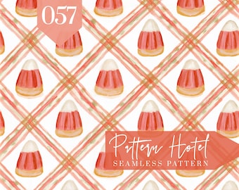 Fall Candy Corn Seamless Pattern, Watercolor Halloween Candy Corn on Orange Plaid, Cute Fall Digital Scrapbook Paper, Autumn Fabric Design