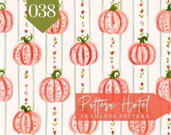 Pink Pumpkin Seamless Pattern, Watercolor Dotted Pumpkins and Tiny Florals on Green Stripes, Fall Digital Scrapbook Paper, Fabric Design