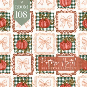 May include: A seamless pattern featuring alternating square frames on a white background. The frames contain either a red pumpkin with green leaves on a dark green gingham check or a light pink bow. Text reads ROOM 108 and Pattern Hotel.