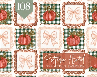 Cute Pumpkin Bow Seamless Pattern, Watercolor Fall Patchwork with Green Gingham, Autumn Digital Scrapbook Paper, Cottagecore Fabric Design