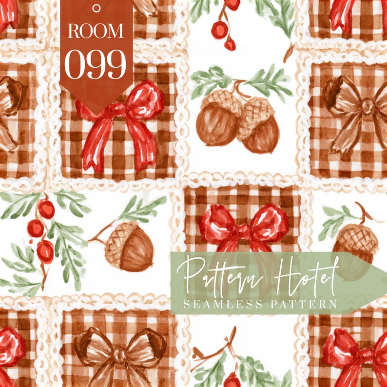 May include: A seamless pattern featuring a grid of brown and white checkered squares alternating with white squares decorated with watercolor illustrations of brown acorns, green leaves, red berries, and brown or red bows. Text reads ROOM 099.