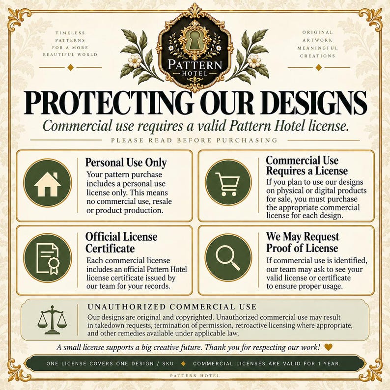 May include: A cream-colored informational sign with gold borders and dark green accents titled PROTECTING OUR DESIGNS. It outlines licensing terms for Pattern Hotel, featuring icons for personal use, commercial licenses, certificates, and legal notices.