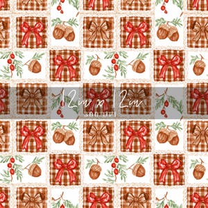 May include: A repeating pattern featuring alternating squares of brown and white gingham fabric with red bows and squares of white fabric with brown acorns, green leaves, and red berries. The text 12in x 12in 300 DPI is overlaid in the center.