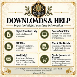 May include: An informational graphic titled DOWNLOADS & HELP with a gold ornate border and logo. It features six sections with icons explaining digital download procedures, file access, ZIP files, file details, support, and commercial licensing.
