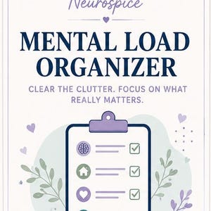 May include: A digital printable worksheet titled Organized Neurospice Mental Load Organizer. The design features a clipboard icon with four task lines, each with a checkbox and a small icon representing a brain, house, heart, and shopping cart.