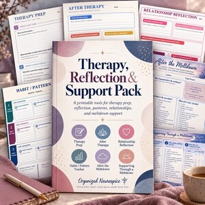 Peut inclure: Un pack de thérapie, réflexion et soutien comprenant six outils imprimables pour la préparation, la réflexion, les habitudes et le soutien en cas de crise. La couverture affiche le titre en bleu foncé avec six icônes circulaires.