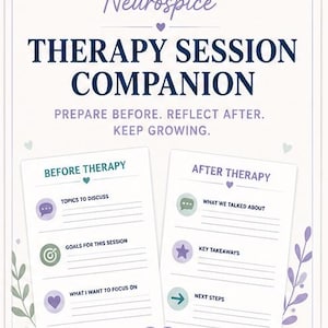 May include: A digital therapy session companion worksheet set titled Organized Neurospice. The document features two sections, Before Therapy and After Therapy, with prompts for topics, goals, takeaways, and next steps, decorated with purple hearts and leaves.