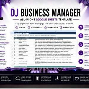 May include: A DJ Business Manager Google Sheets template featuring a central spreadsheet interface surrounded by purple icons and text detailing features like booking management, payment tracking, expense logging, and music request organisation.