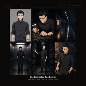 May include: A character design sheet titled Character Kit Ren Neural Codex Vol.01 featuring a male anime character with short black hair wearing a dark grey zip-up jacket and matching trousers in six different poses, settings, and lighting conditions.