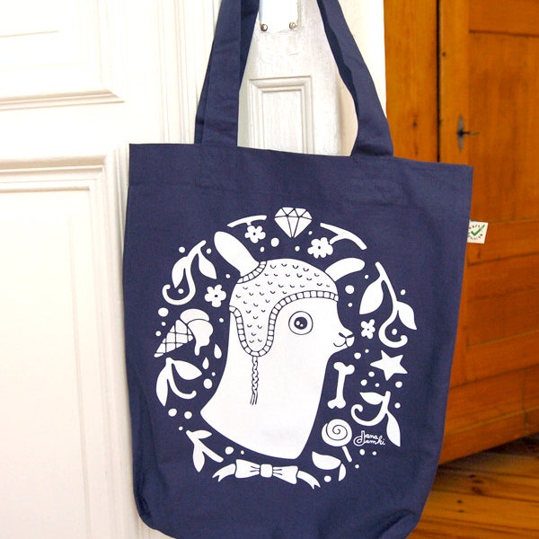 Denim blue LLAMA Tote bag - by danadamki,  screenprint, earth positive