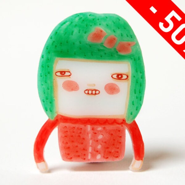 ERIKA - shrink plastic brooch, green haired girl