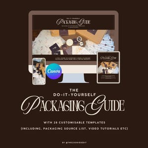 May include: A digital product display featuring The Do-It-Yourself Packaging Guide with 28 customizable templates, 14 packing papers, 12 stickers, and 2 notecards. The graphic shows a computer monitor, a smartphone, and a tablet screen.