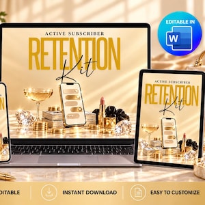 May include: A digital marketing template set titled Active Subscriber Retention Kit displayed on a laptop, smartphone, and tablet screen. The design features gold text, a champagne glass, stacks of coins, diamonds, and a lipstick on a marble surface.