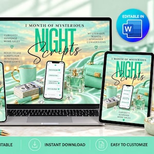 Puede incluir: Un conjunto de plantillas de marketing digital titulado 1 Month of Mysterious Night Scripts en una laptop, smartphone y tablet. El diseño presenta acentos verde menta, un fajo de billetes, un frasco de perfume y un bolso sobre satén.