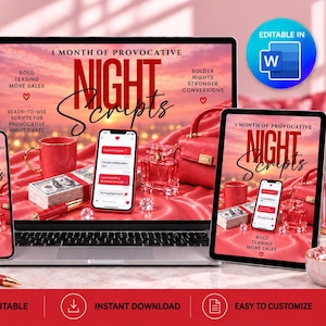 以下が含まれることがあります： ノートパソコン、スマートフォン、タブレットに表示された「1 Month of Provocative Night Scripts」のデジタルマーケティングテンプレートセット。画面には赤い文字、夕焼けの背景、赤いマグカップ、現金、香水瓶、赤いハンドバッグが写っています。