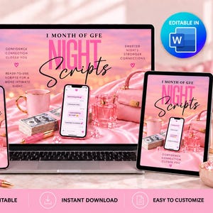 Op de afbeelding: Een digitale productweergave met een laptop, smartphone en tablet die 1 Month of GFE Night Scripts toont. De roze afbeeldingen bevatten tekst, een stapel contant geld, een parfumflesje, een handtas en een mok op een satijnen achtergrond.
