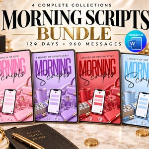 Op de afbeelding: Een digitaal productpakket genaamd Morning Scripts Bundle met 4 complete collecties, 120 dagen en 960 berichten. De afbeelding toont vier rechthoekige covers in roze, paars, rood en blauw, elk met een smartphone, mok en diverse accessoires.