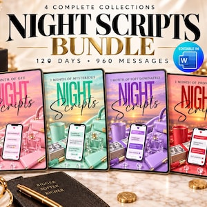 May include: A digital product bundle titled 4 Complete Collections Night Scripts Bundle featuring 120 days and 960 messages. The set includes four rectangular covers in pink, teal, purple, and red, each displaying a smartphone with text messages.