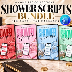 Peut inclure: Un ensemble numérique de quatre collections Shower Scripts comprenant 120 jours et 960 messages, modifiable dans Microsoft Word. L'image présente quatre couvertures rectangulaires en rouge, rose, bleu et vert, avec un smartphone, une tasse et des accessoires.