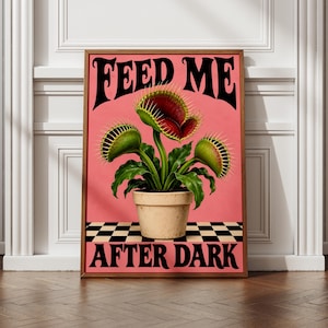 Puede incluir: Un cuadro rectangular enmarcado que muestra una planta carnívora Venus atrapamoscas en una maceta sobre un fondo rosa sólido. El texto FEED ME aparece en negro en la parte superior y AFTER DARK en negro en la parte inferior sobre un damero.