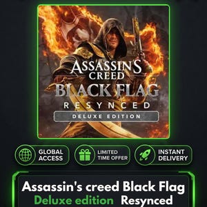 May include: A digital product cover for Assassin's Creed Black Flag Resynced Deluxe Edition featuring a hooded character holding a flintlock pistol against a backdrop of flames and a pirate flag. The KeysHawk logo and text are visible.