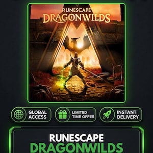 May include: A digital game cover for RuneScape Dragonwilds featuring a warrior standing before a glowing triangular portal with a dragon silhouette. The design includes the KeysHawk logo, text labels for global access, limited time offer, and instant delivery.