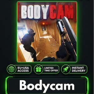 Puede incluir: Una portada de juego digital para Bodycam con una perspectiva en primera persona de un jugador sosteniendo una pistola en un pasillo de madera, con otra figura táctica visible. El texto KeysHawk y Bodycam se muestra en una interfaz verde y negra.