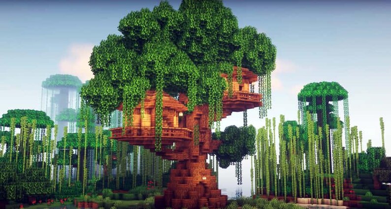 Peut inclure: Une construction num&eacute;rique d'une grande cabane perch&eacute;e dans un arbre massif au tronc brun compos&eacute; de blocs et au feuillage vert dense. La structure comprend deux plateformes en bois avec des balustrades et des pi&egrave;ces nich&eacute;es dans les branches.