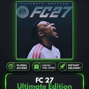 May include: A digital product cover for EA Sports FC 27 Ultimate Edition featuring a footballer in a white jersey with red stripes, shouting against a dark background. The graphic includes the KeysHawk logo, text labels for global access, limited time offer, instant delivery, and lifetime support.