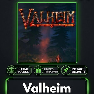 Op de afbeelding: Een digitaal productoverzicht voor het videospel Valheim, met de speltitel in vurig oranje tekst boven een donkere bosscène met een klein personagefiguur. De afbeelding bevat het KeysHawk-logo, groene accenten en tekstlabels voor wereldwijde toegang, tijdelijke aanbieding, directe levering en levenslange ondersteuning.