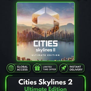Könnte beinhalten: Eine digitale Produktgrafik für Cities Skylines II Ultimate Edition mit einer Stadtsilhouette bei Sonnenuntergang in einem sechseckigen Rahmen. Das Design enthält das KeysHawk-Logo sowie Textbeschriftungen für globalen Zugriff, zeitlich begrenztes Angebot, sofortige Lieferung und lebenslangen Support auf dunklem Hintergrund mit hellgrünen Akzenten.