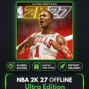Może przedstawiać: Cyfrowa okładka gry NBA 2K27 Ultra Edition przedstawiająca koszykarza w białej koszulce Bulls z numerem 1. Grafika zawiera tekst KeysHawk, Global Access, Limited Time Offer, Instant Delivery oraz Lifetime Support.